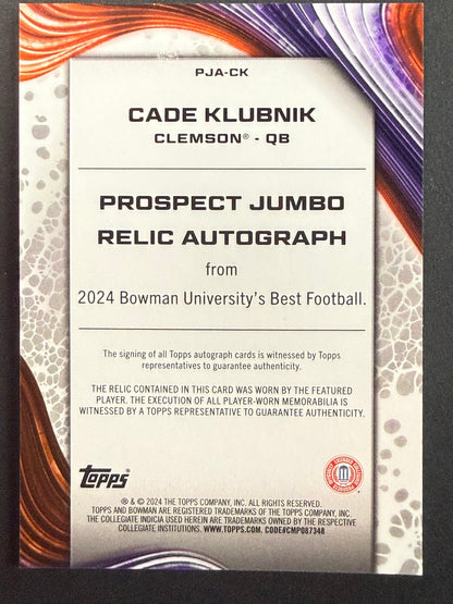 2024 Bowman U Best Prospect Jumbo Patch Auto Cade Klubnik Refractor #PJA-CK Clemson Tigers