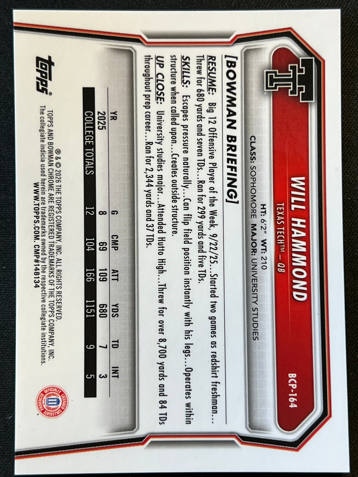 2026 Bowman Will Hammond Chrome Reptilian Blue Refractor 1st 044/150 #BCP-164 Red Raiders