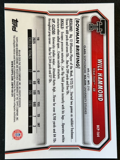 2026 Bowman Will Hammond Chrome Reptilian Blue Refractor 1st 044/150 #BCP-164 Red Raiders