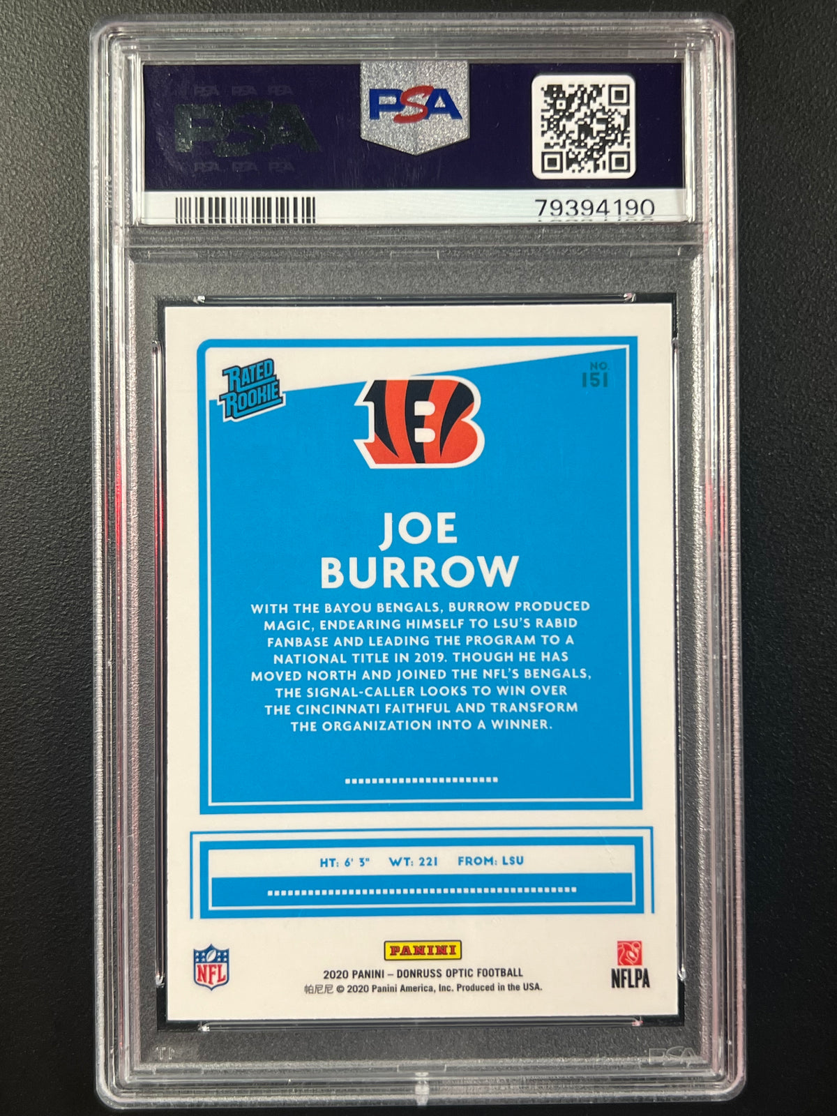 2020 Panini Donruss Optic - Rated Rookies Joe Burrow #151 (RC) PSA 9