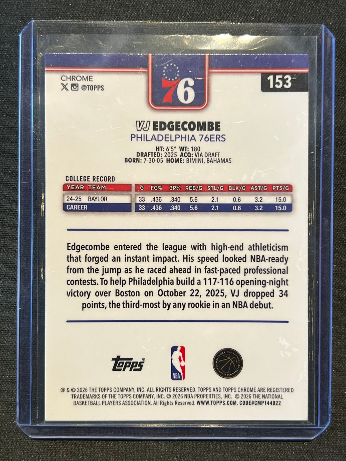2025-26 Topps Chrome Update - VJ Edgecombe X-Fractor #153 (RC) Sixers