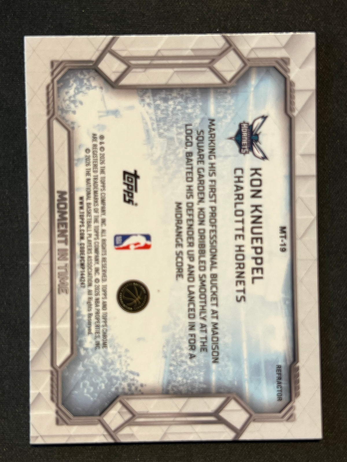 2025-26 Topps Chrome Moment in Time Refractor RC Kon Knueppel Hornets #MT-19