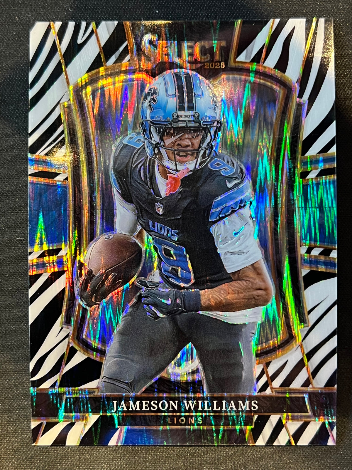 2025 Panini Select Zebra Prizm Premier Level Jameson Williams #171 SSP Lions