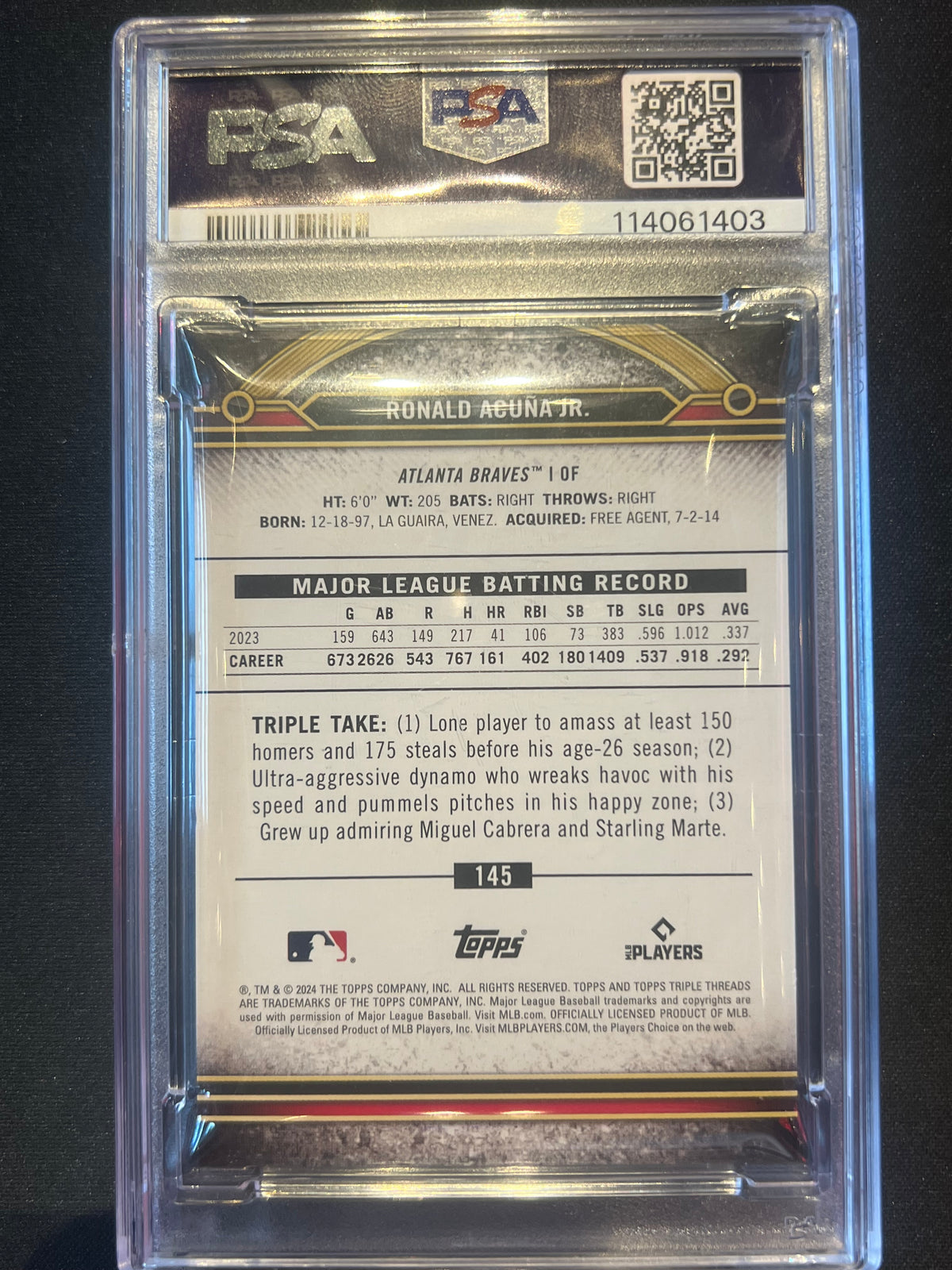 2024 Topps Triple Threads - Ronald Acuna Jr. #145 Amber /199 PSA 8
