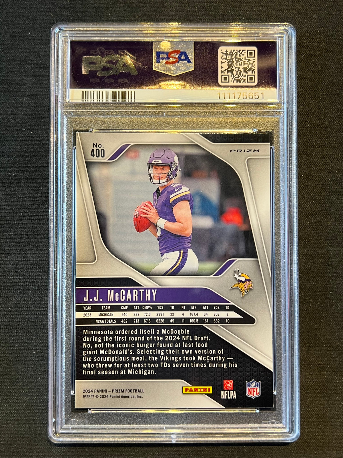 2024 Panini Prizm JJ McCarthy Silver Rookie RC #400 Vikings PSA 10 GEM MINT