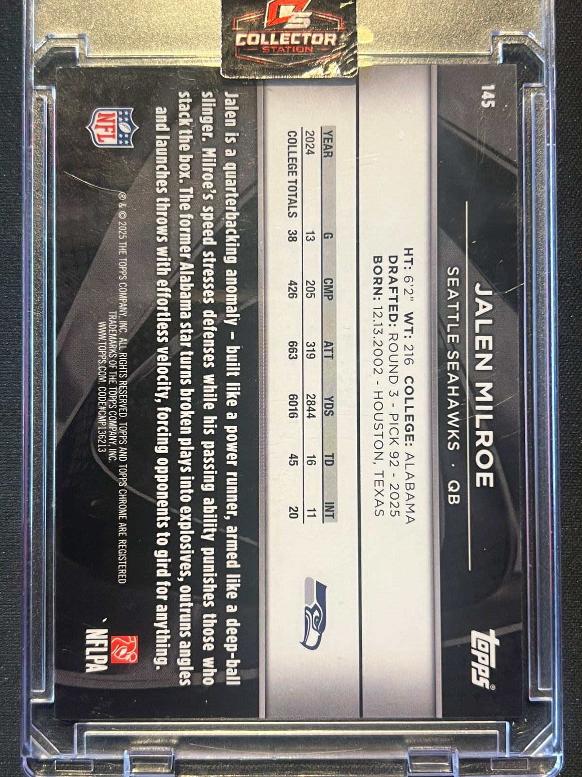 2025 Topps Chrome Black Jalen Milroe Orange Refractor /25 #145 Rookie Seahawks