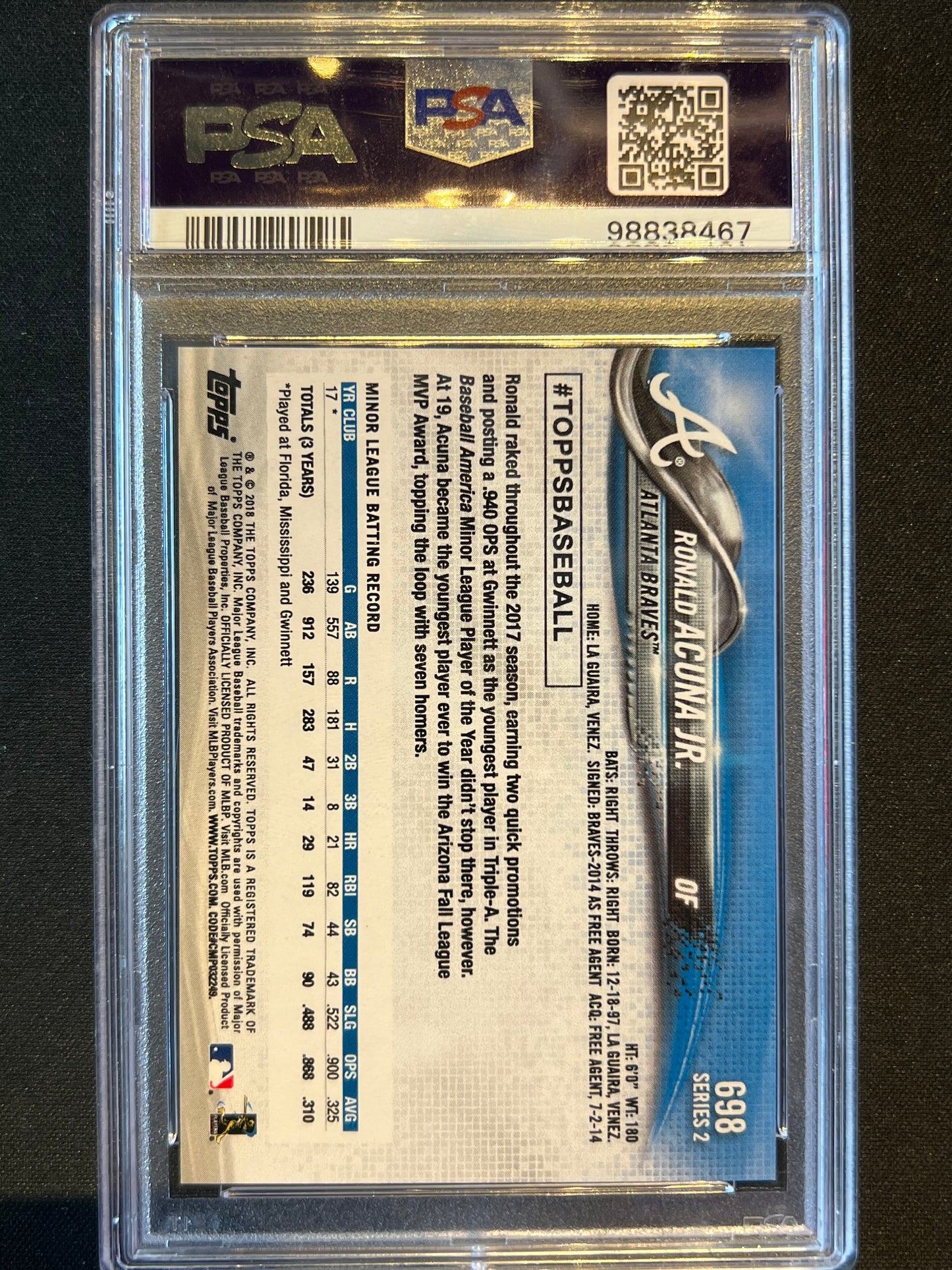 2018 Topps - Late Rookie Variation Ronald Acuña Jr. #698 Bat Down (RC) PSA 9