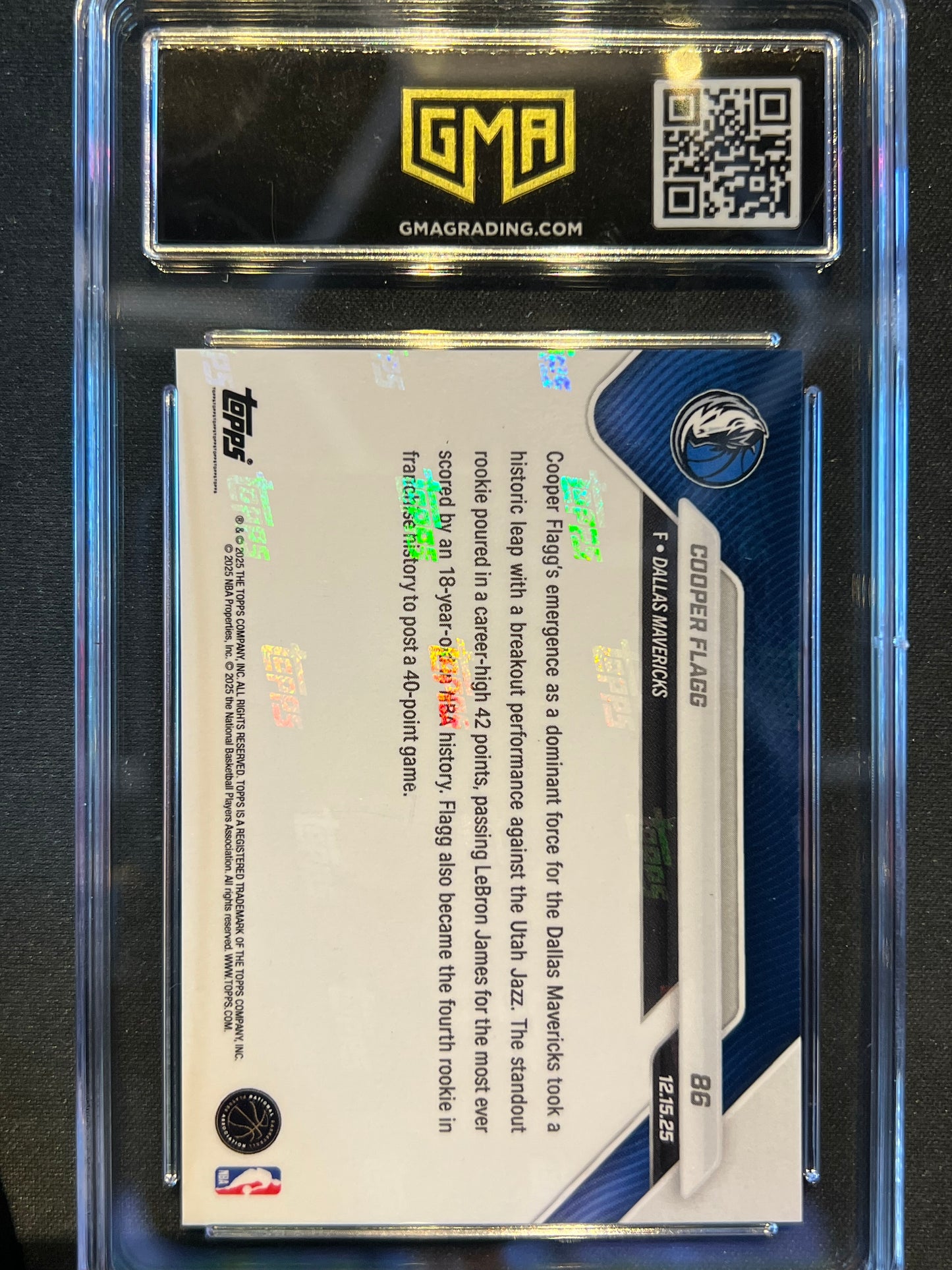 Topps Now 2025 Cooper Flagg Rookie RC #86 GMA Gem 10 Mavericks