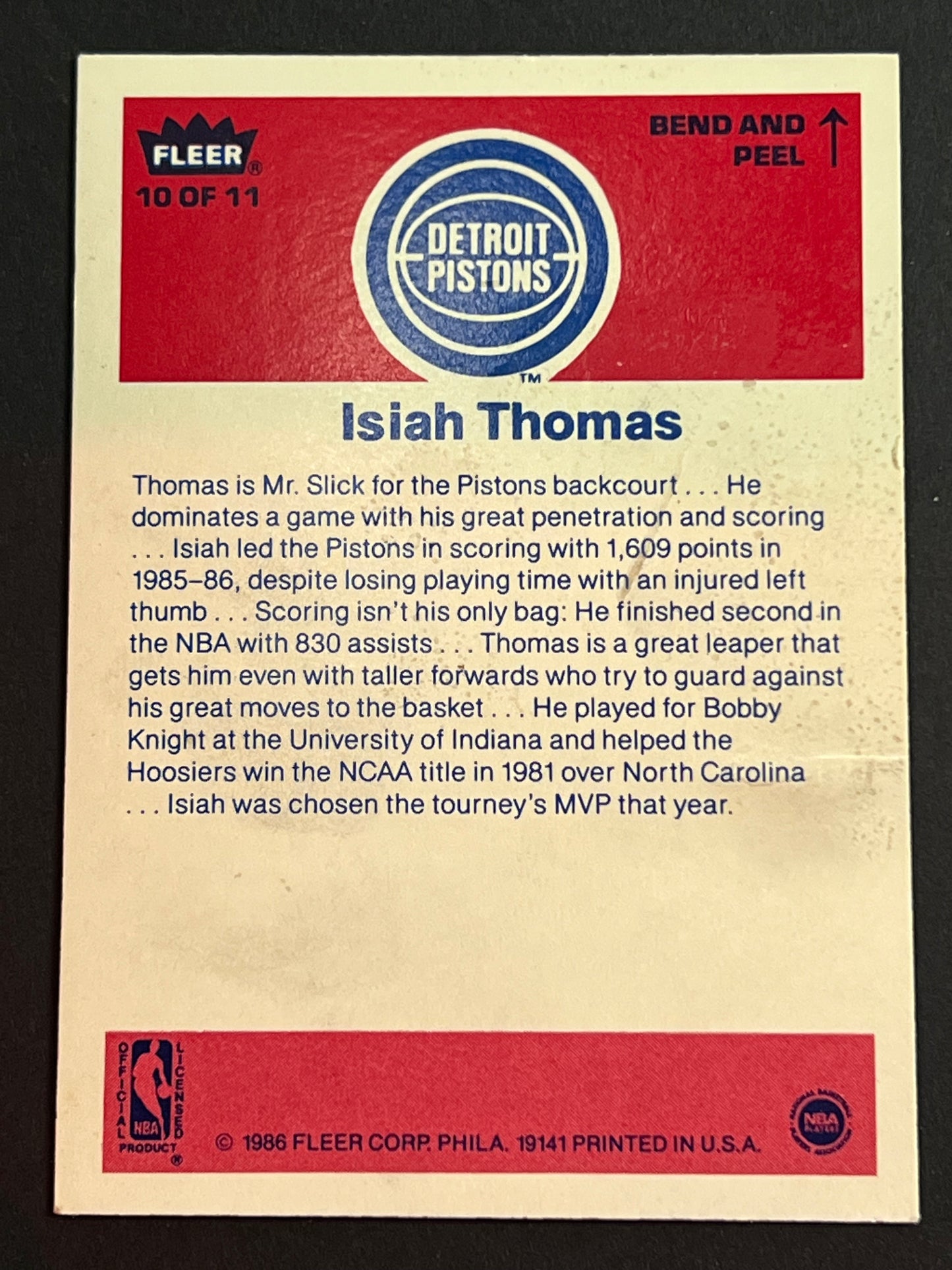 1986-87 Fleer Stickers Isiah Thomas #10 (RC) Pistons