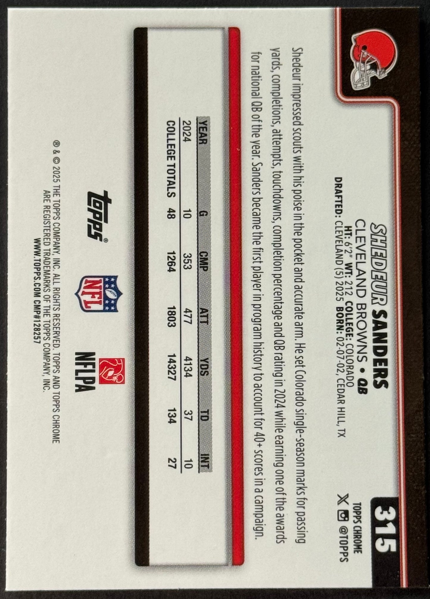 2025 Topps Chrome Shedeur Sanders Pulsar Refractor #315 RC