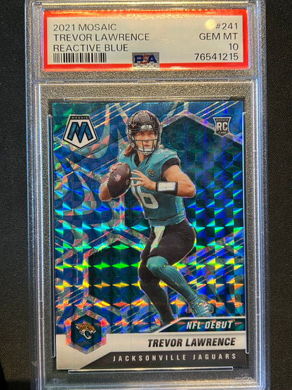 2021 Panini Mosaic NFL Debut Trevor Lawrence RC Reactive Blue Prizm PSA 10 #241