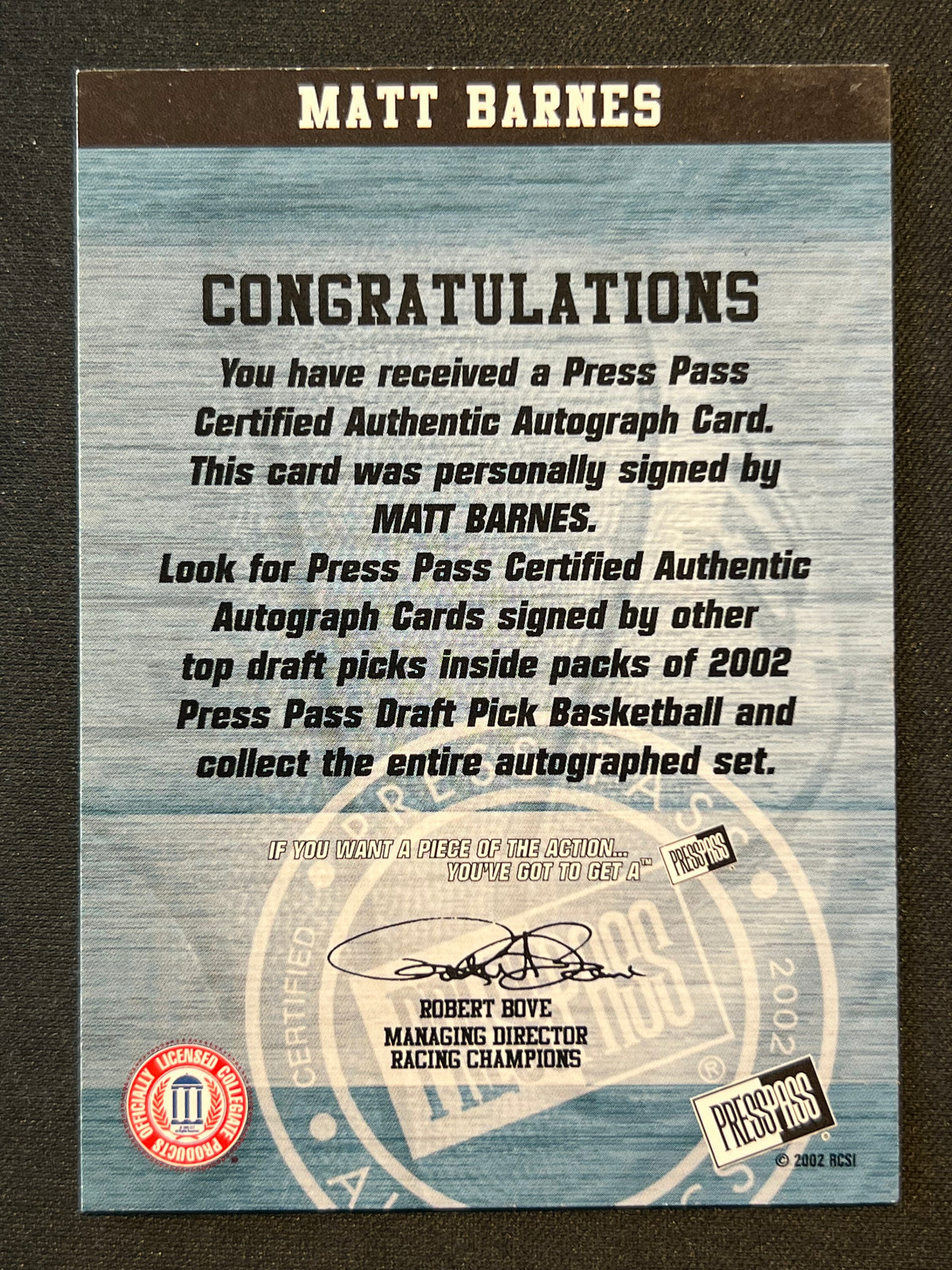 2002 Press Pass Autographs #1 Matt Barnes