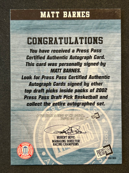 2002 Press Pass Autographs #1 Matt Barnes