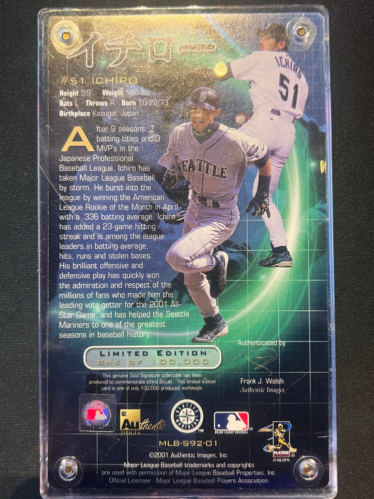 2001 Authentic Images Gold Autograph Ichiro Rookie Limited /100000
