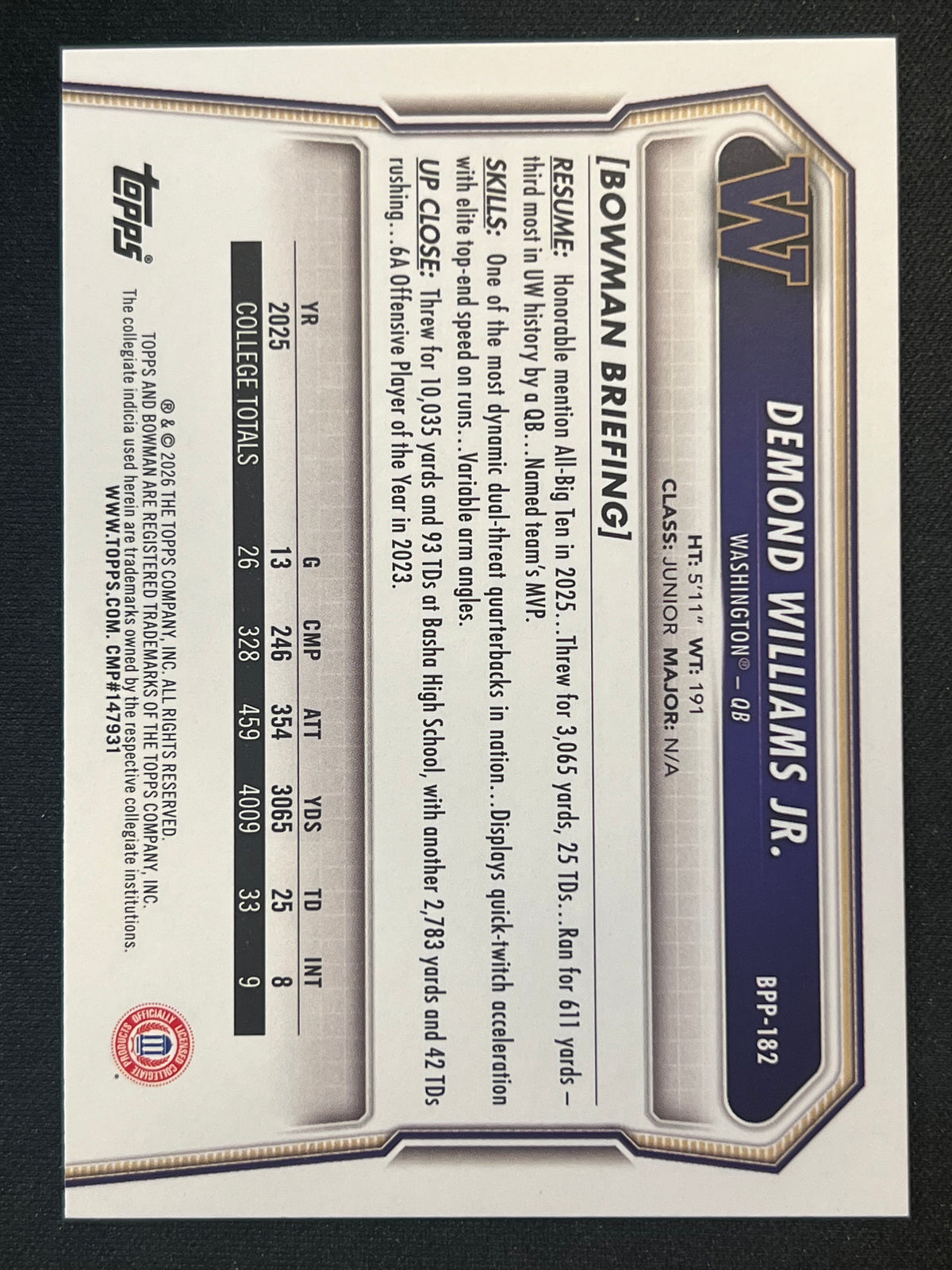 2026 Bowman Football Desmond Williams Jr 1st Bowman Green #BPP-182  19/99  Washington Hukies