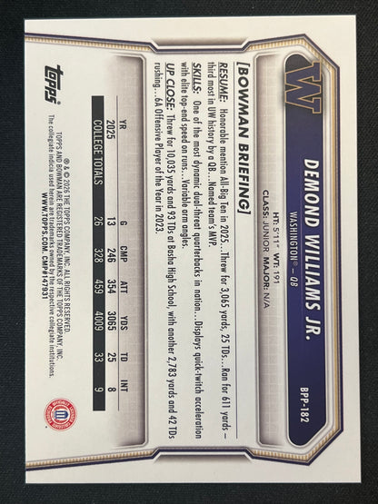 2026 Bowman Football Desmond Williams Jr 1st Bowman Green #BPP-182  19/99  Washington Hukies