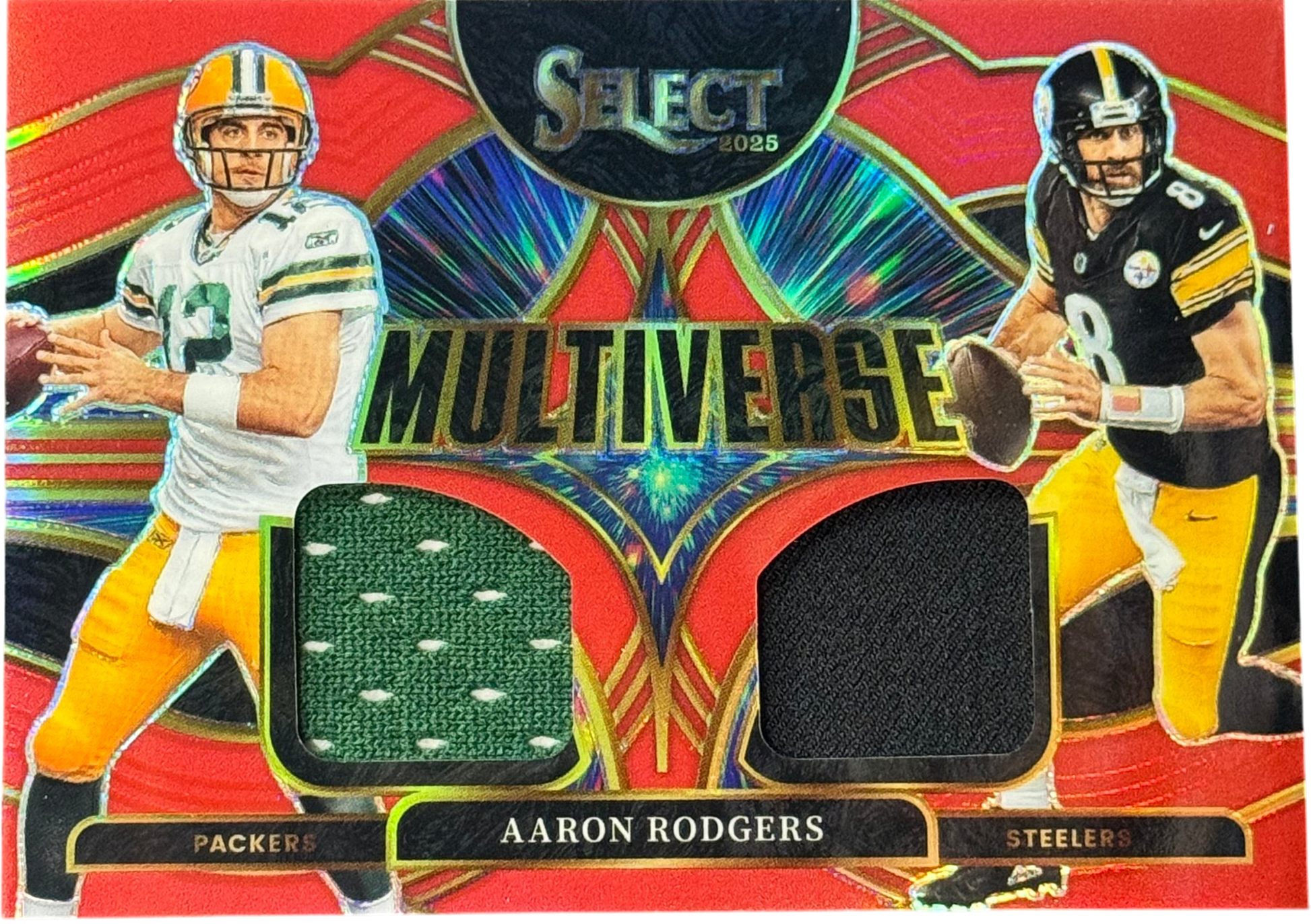 2025 Panini Select Red Prizm Multiverse Aaron Rodgers Dual Patch #MVJ-ARS