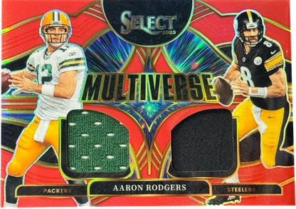2025 Panini Select Red Prizm Multiverse Aaron Rodgers Dual Patch #MVJ-ARS