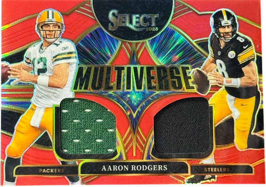2025 Panini Select Red Prizm Multiverse Aaron Rodgers Dual Patch #MVJ-ARS