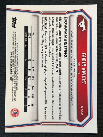 2026 Bowman Chrome U Yamir Knight 1st Bowman #BCP-140 Purple Mojo /75 SMU