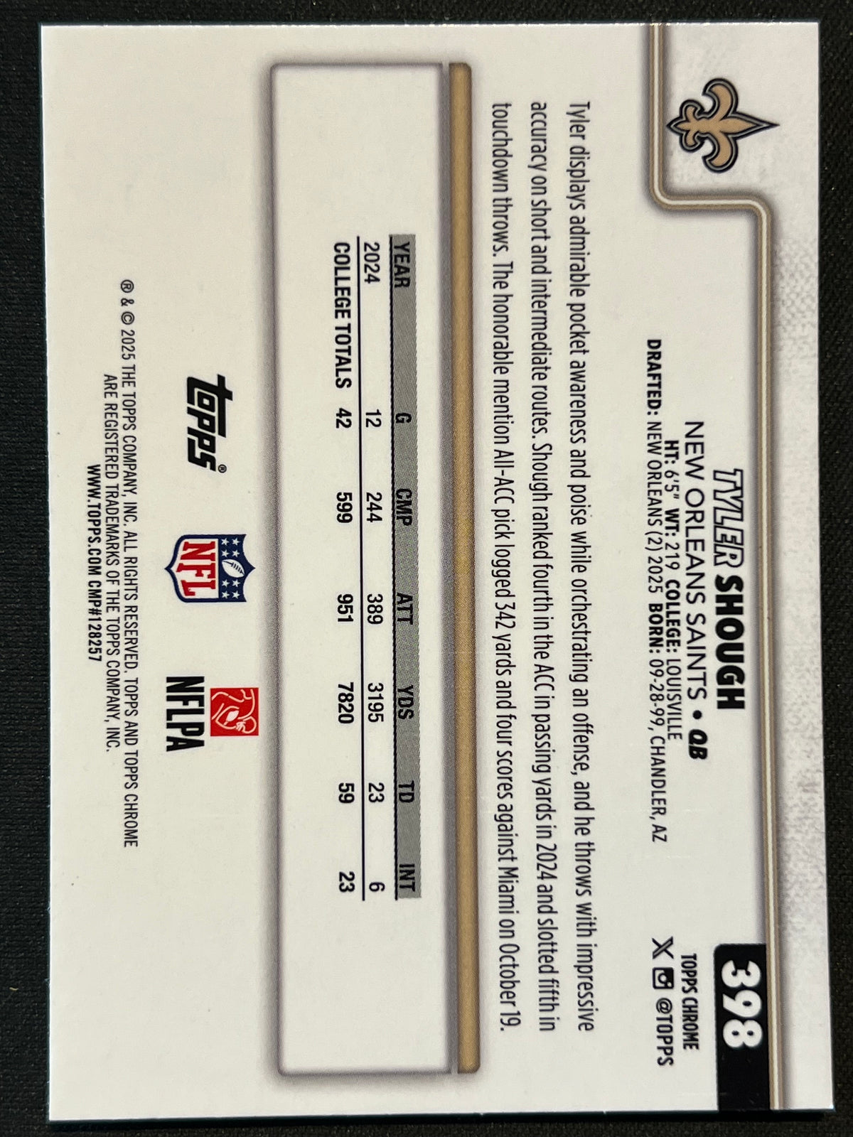 2025 Topps Chrome Rookie Tyler Shough #398 Saints Pulsar Refractor