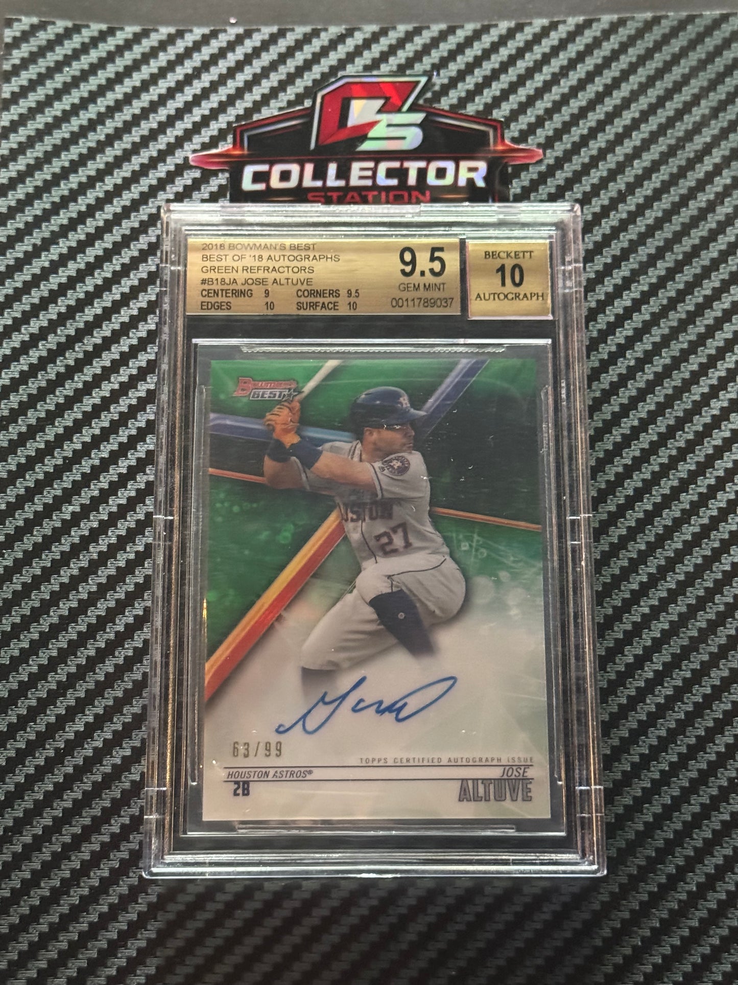2018 Best Of Bowman Autographs Jose Altuve Green Refractor /99 BGS 9.5 / Auto 10