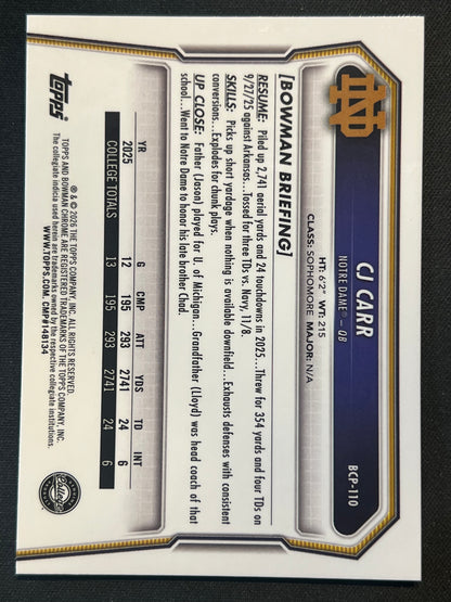 2026 Bowman Football CJ Carr 1st Bowman Chrome Mojo Refractor Notre Dame #BCP-110