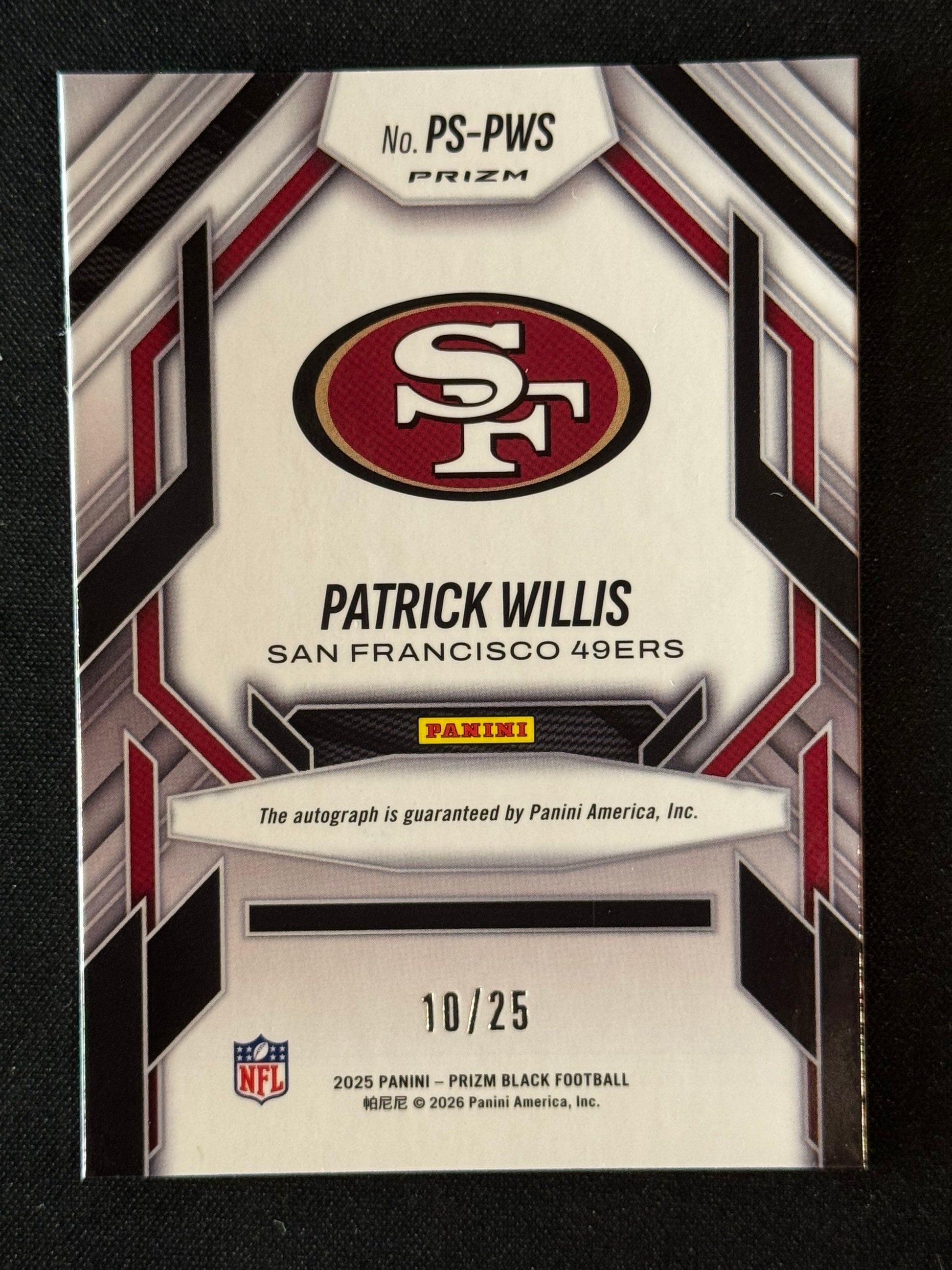 2025 Panini Prizm Black Patrick Willis Prolific Mojo Prizm Auto /25 #PS-PWS