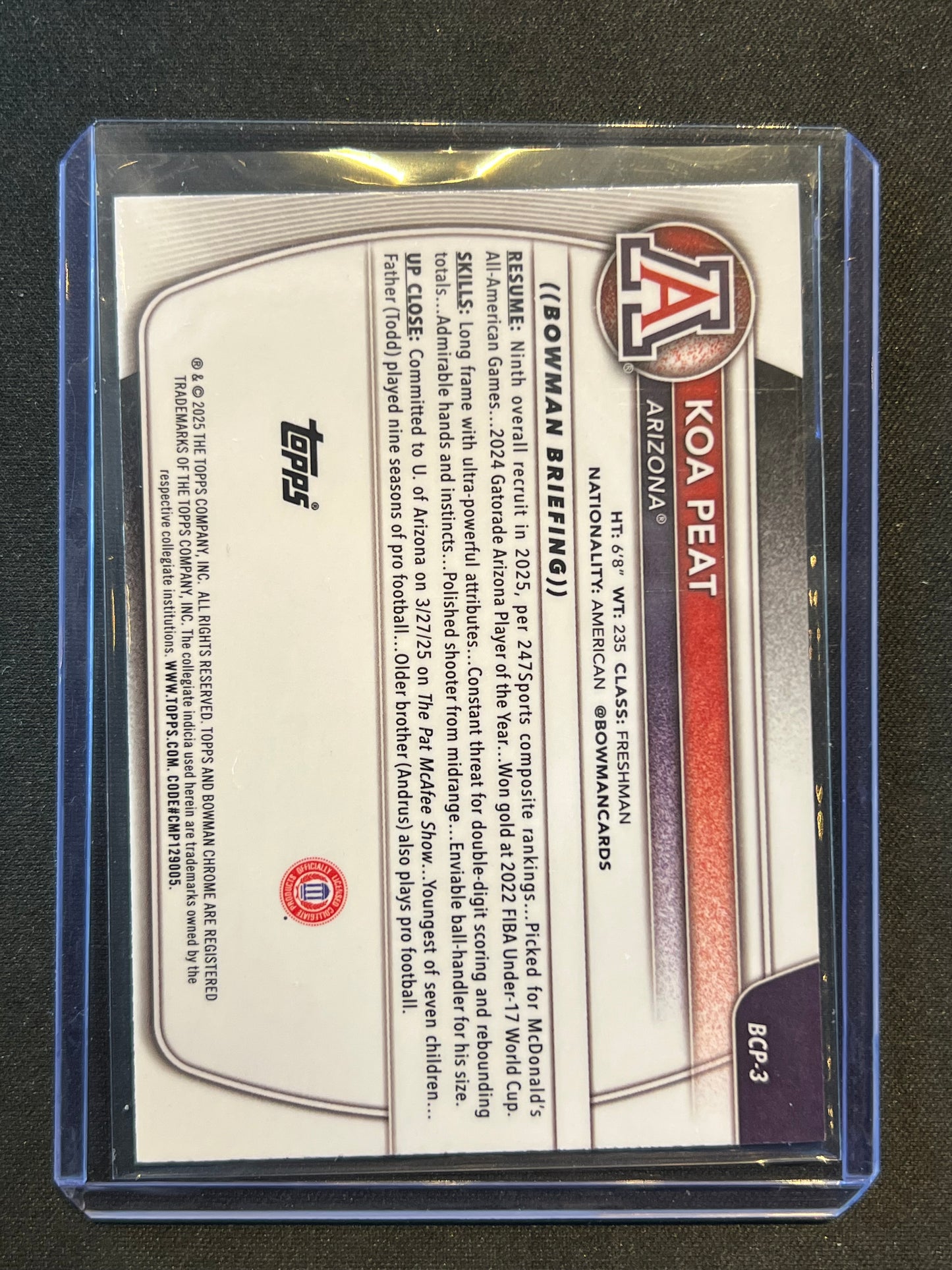 2025-26 Bowman Chrome 1st Prospects Koa Peat #BCP-3 Yellow Refractor /75 Arizona
