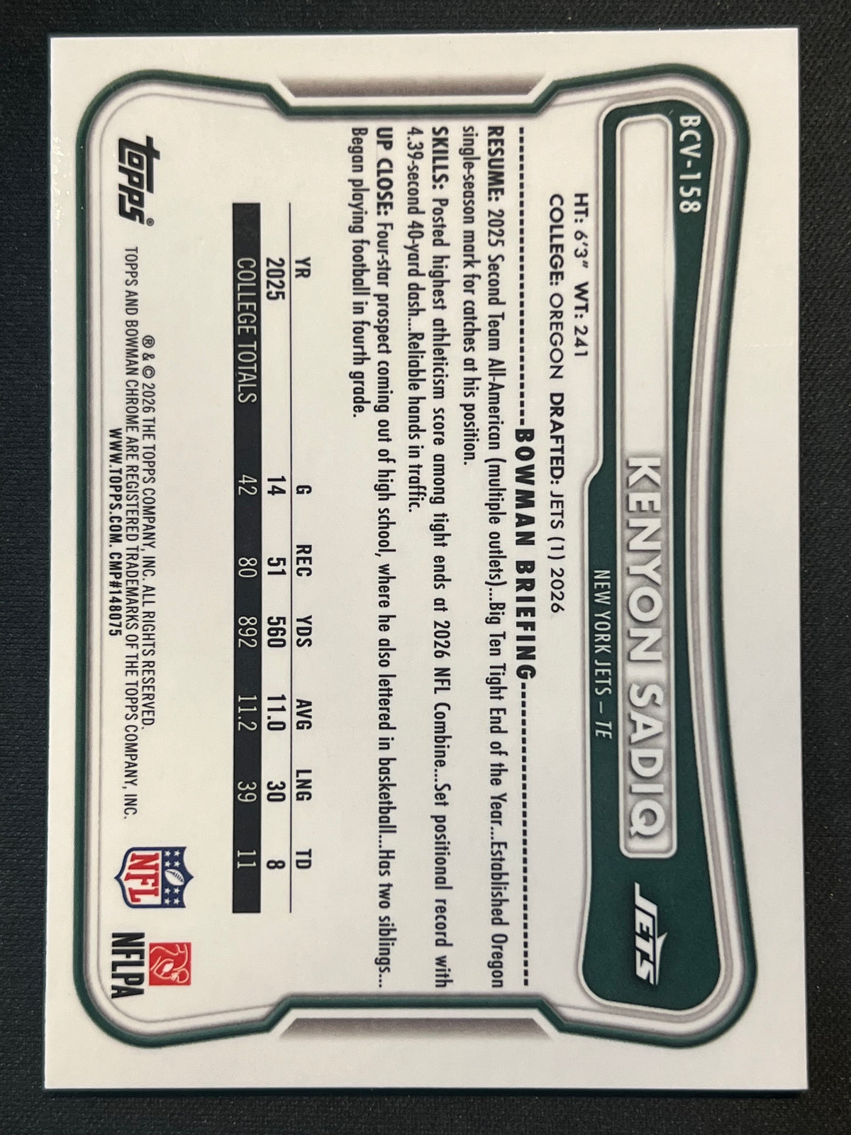 2026 Bowman Chrome Kenyon Sadiq Rookie True Purple 69/75 #BCV-158 Jets