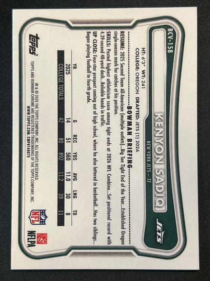 2026 Bowman Chrome Kenyon Sadiq Rookie True Purple 69/75 #BCV-158 Jets