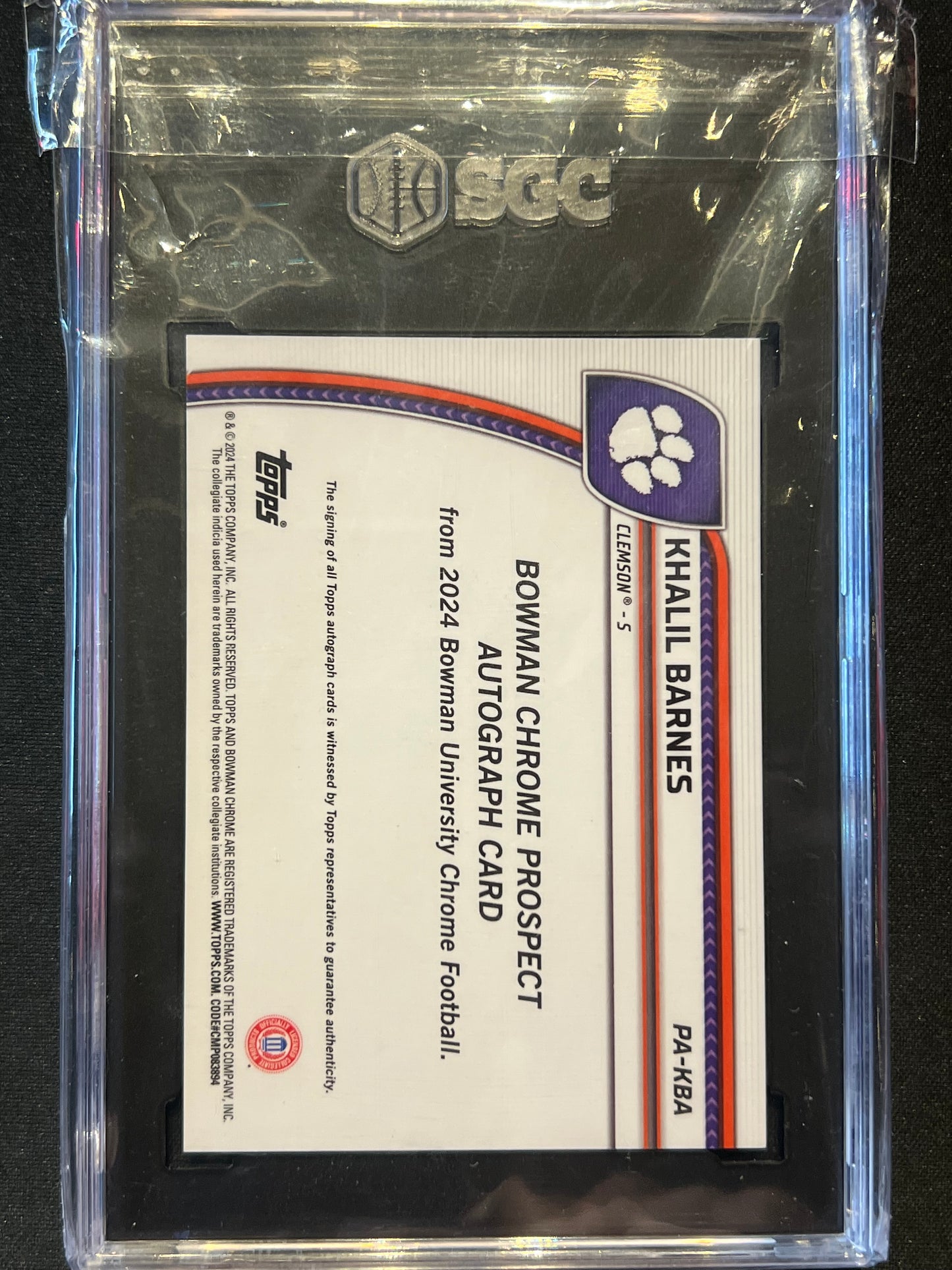 2024 Bowman University Chrome - Chrome Prospect Autograph Khalil Barnes Stealth Refractor #PA-KBA SGC 9.5 Auto Grade 10