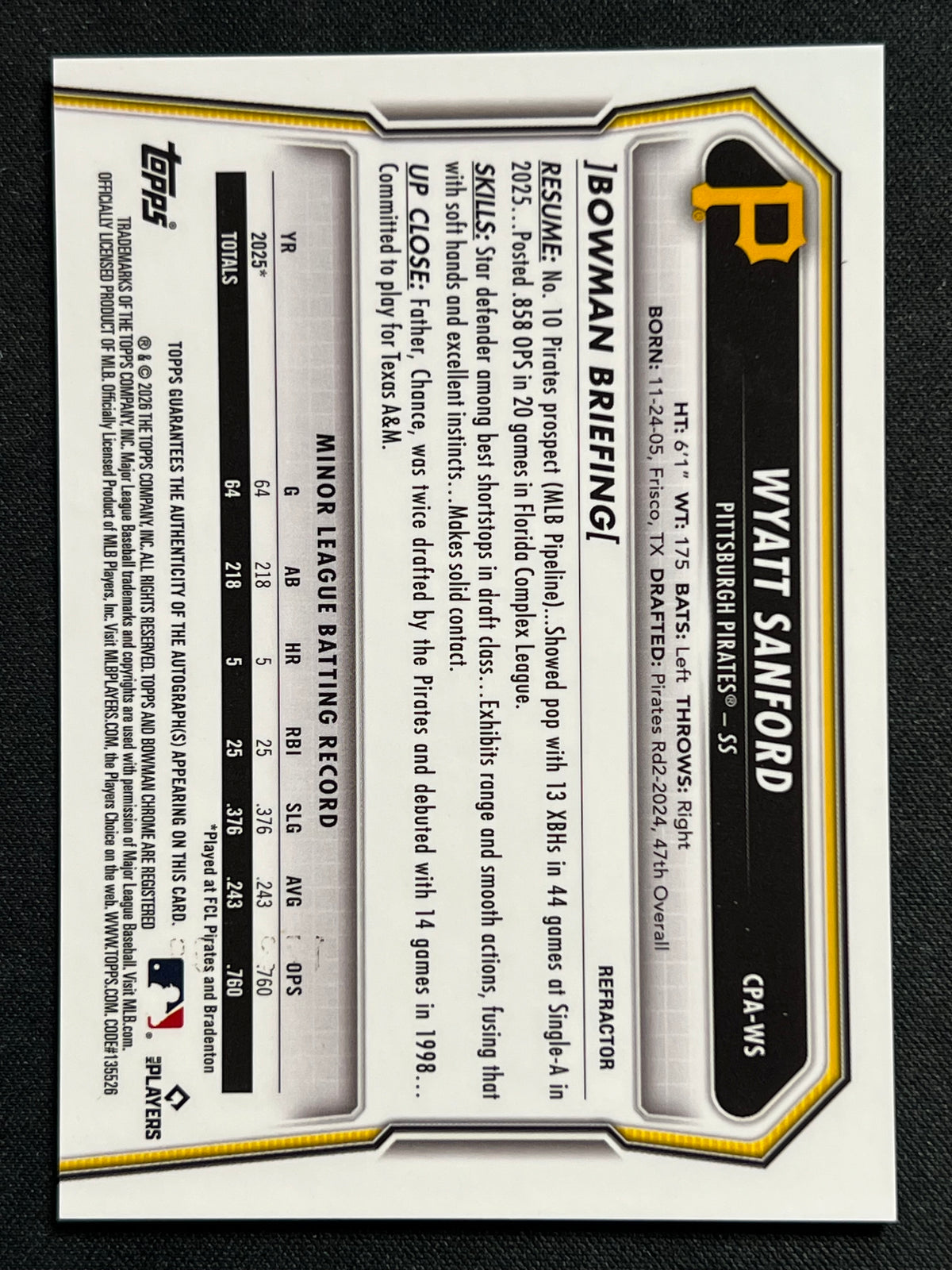 2026 Topps Bowman Chrome Wyatt Sanford 1st Bowman Auto Pirates #CPA-WS /499