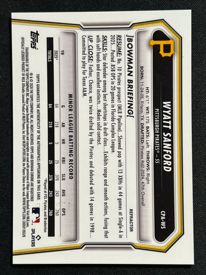2026 Topps Bowman Chrome Wyatt Sanford 1st Bowman Auto Pirates #CPA-WS /499