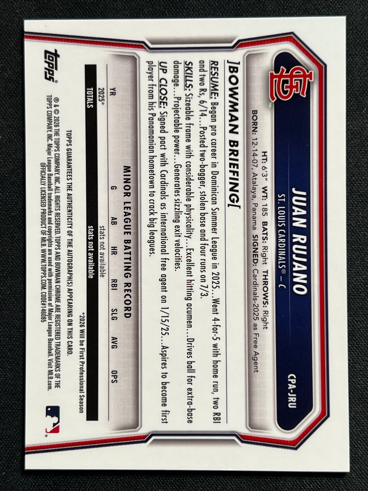 2026 Topps Bowman Chrome Juan Rujano 1st Bowman Auto True Gold /50 #CPA-JRU Cardinals