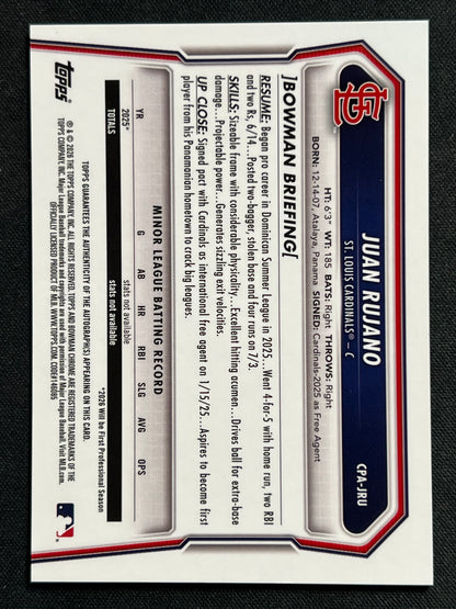 2026 Topps Bowman Chrome Juan Rujano 1st Bowman Auto True Gold /50 #CPA-JRU Cardinals