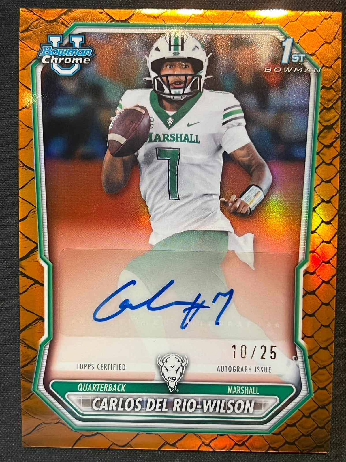 2026 Bowman Football 1st Bowman Auto Carlos Del Rio-Wilson Orange Reptilian Refractor 10/25 RC