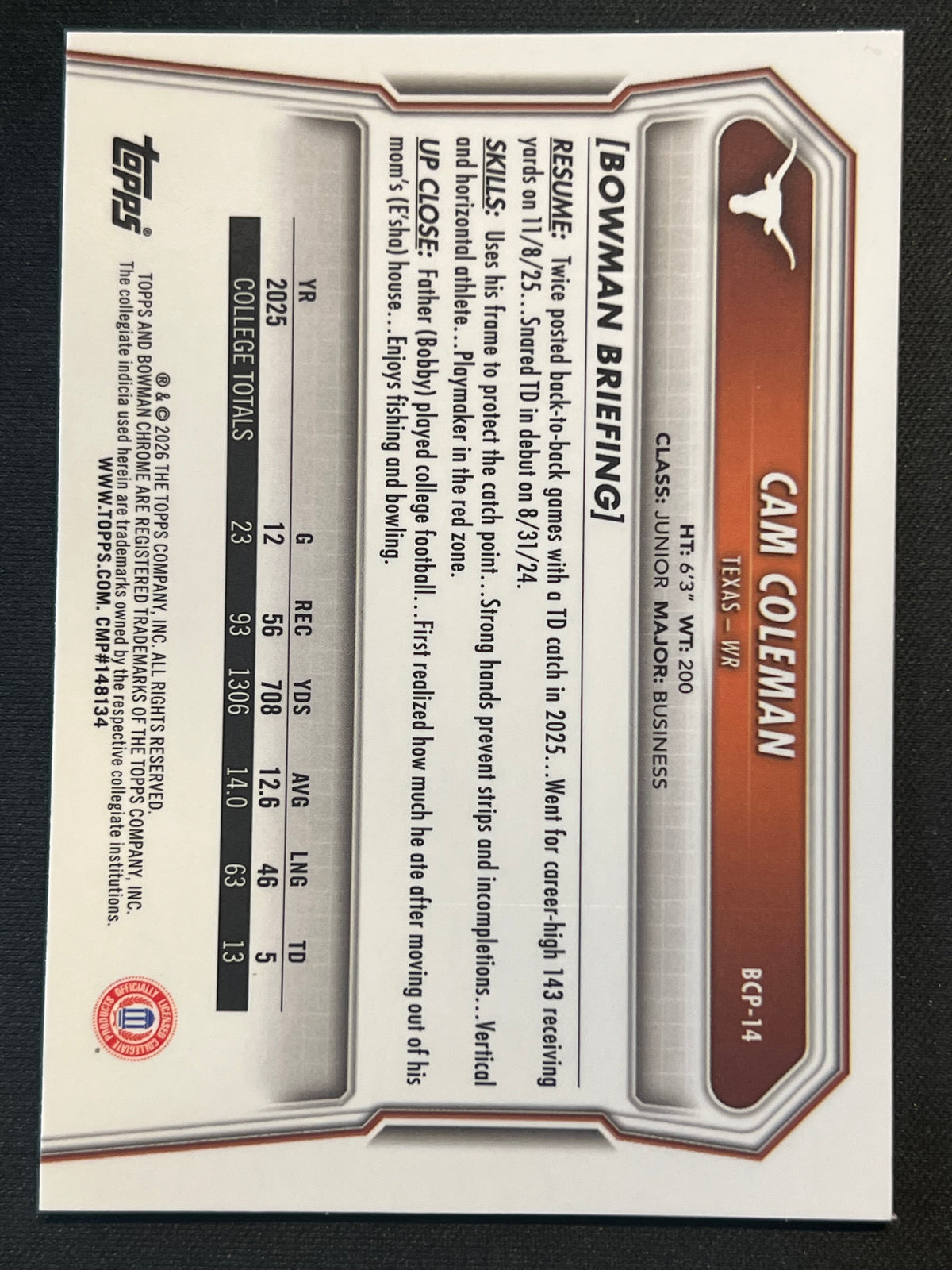2026 Bowman Chrome 1st Bowman Cam Coleman Pink /250 #BCP-14 Texas