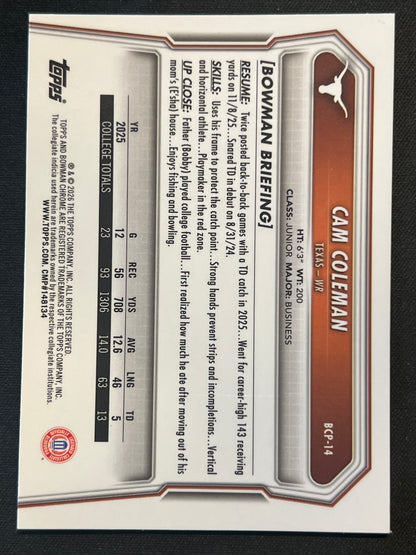 2026 Bowman Chrome 1st Bowman Cam Coleman Pink /250 #BCP-14 Texas
