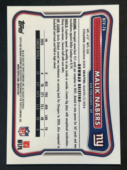 2026 Bowman Chrome Malik Nabers Red Lava Refractor 5/5 #BCV-76 New York Giants COLOR MATCH + LAST ON PRINT
