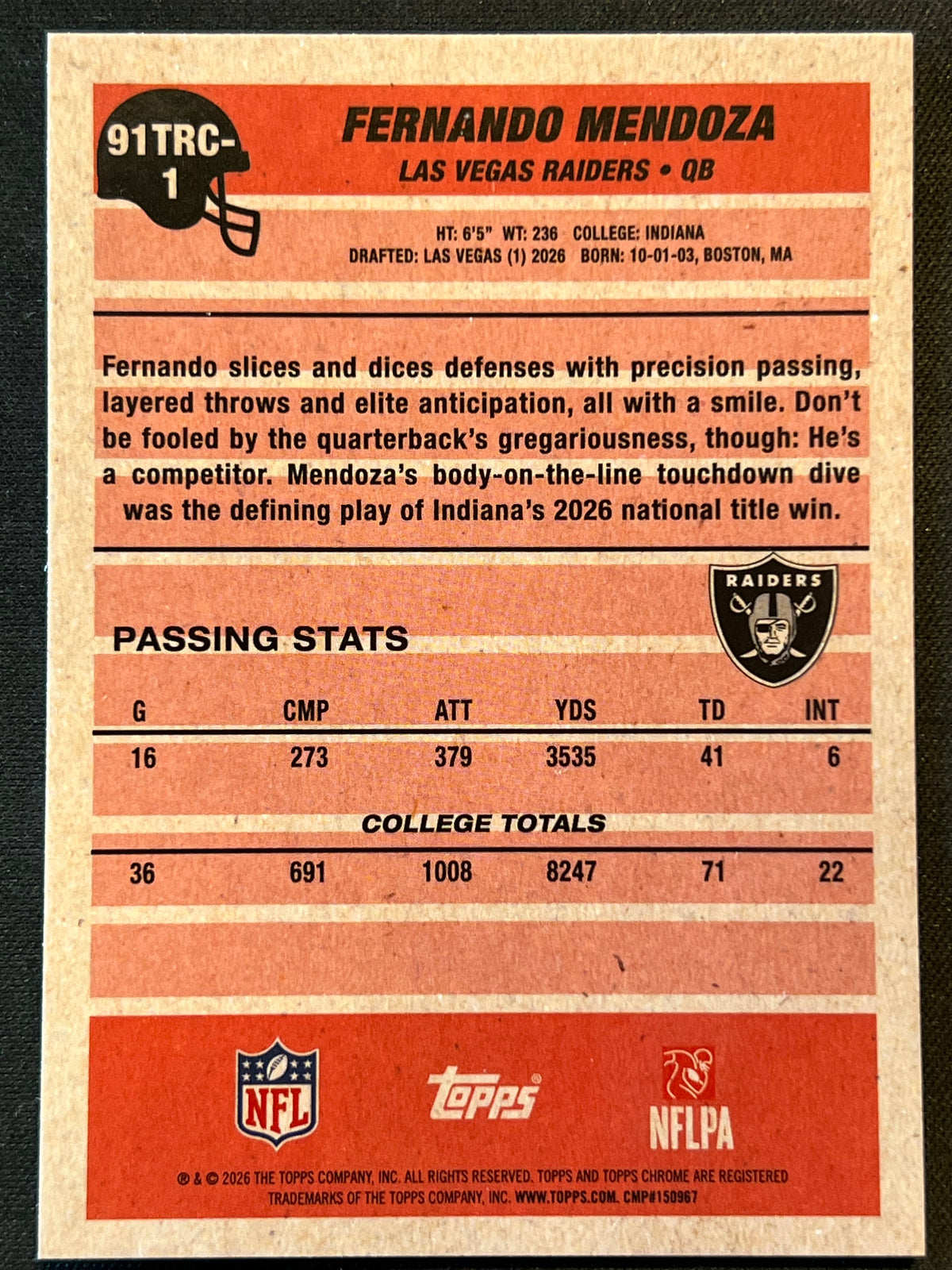 2026 Topps Flagship Fernando Mendoza Silver Pack Mojo Rookie #91TRC-1 Raiders