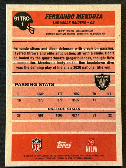 2026 Topps Flagship Fernando Mendoza Silver Pack Mojo Rookie #91TRC-1 Raiders