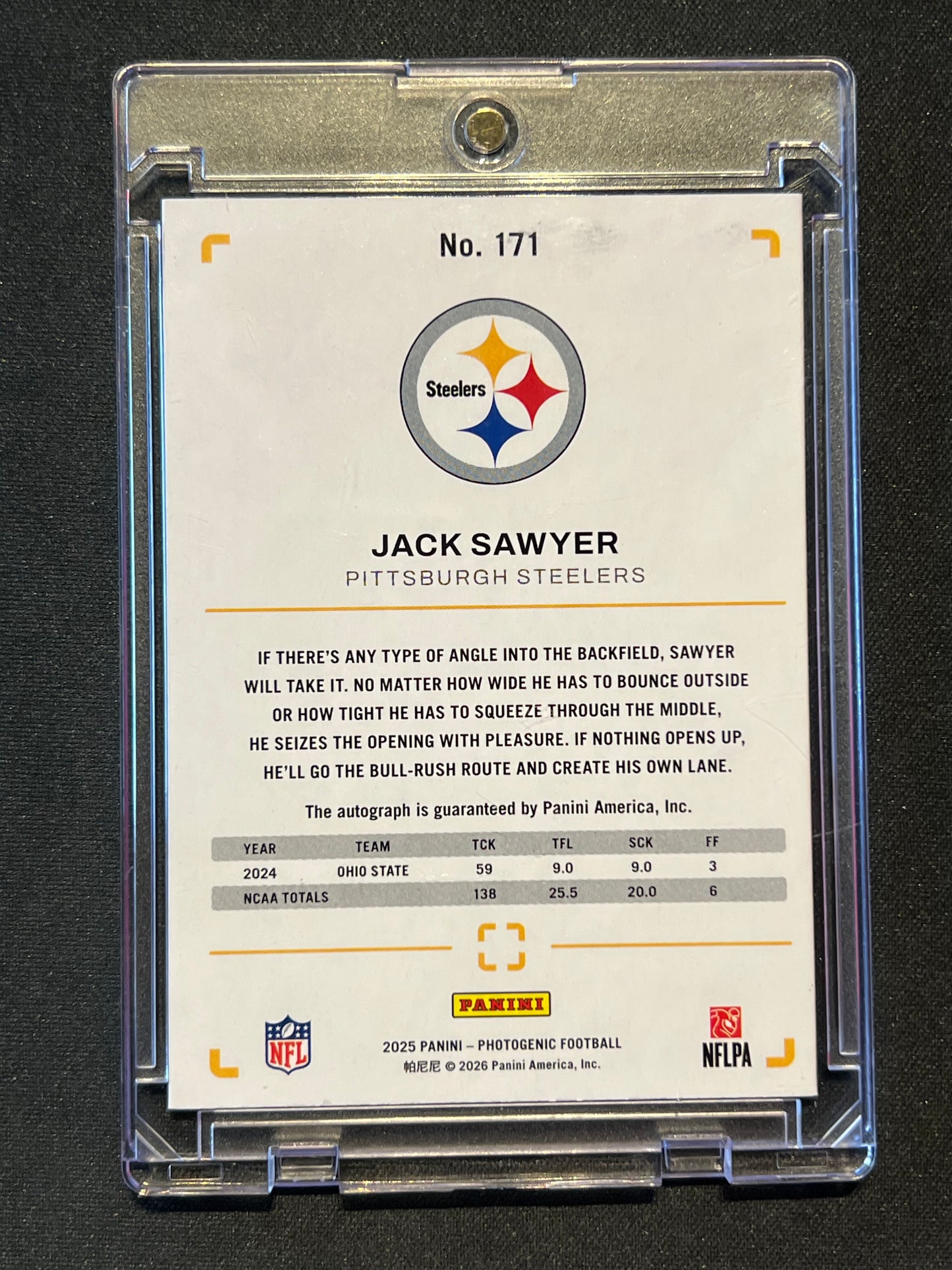 2025 Panini Photogenic Jack Sawyer Auto 1/7 First On Print White FOTL Steelers #171