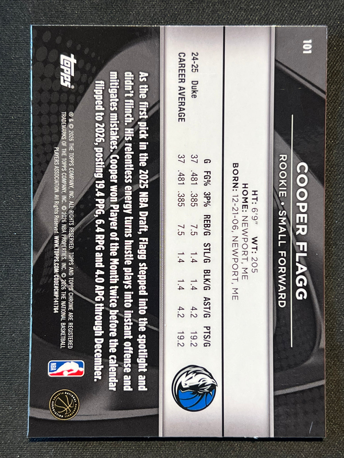 2025-26 Topps Chrome Black Cooper Flagg #101 RC Rookie Dallas Mavericks