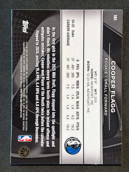 2025-26 Topps Chrome Black Cooper Flagg #101 RC Rookie Dallas Mavericks