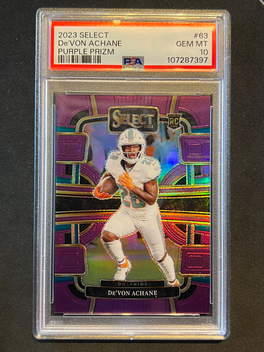 2023 Panini Select - Concourse De'Von Achane #63 Purple Prizm /75 (RC) PSA 10