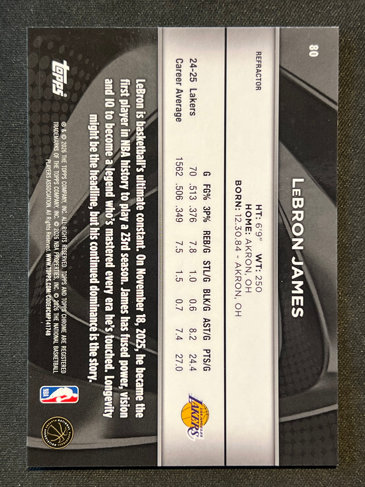 2025-26 Topps Chrome Black #80 LeBron James /299 Lakers