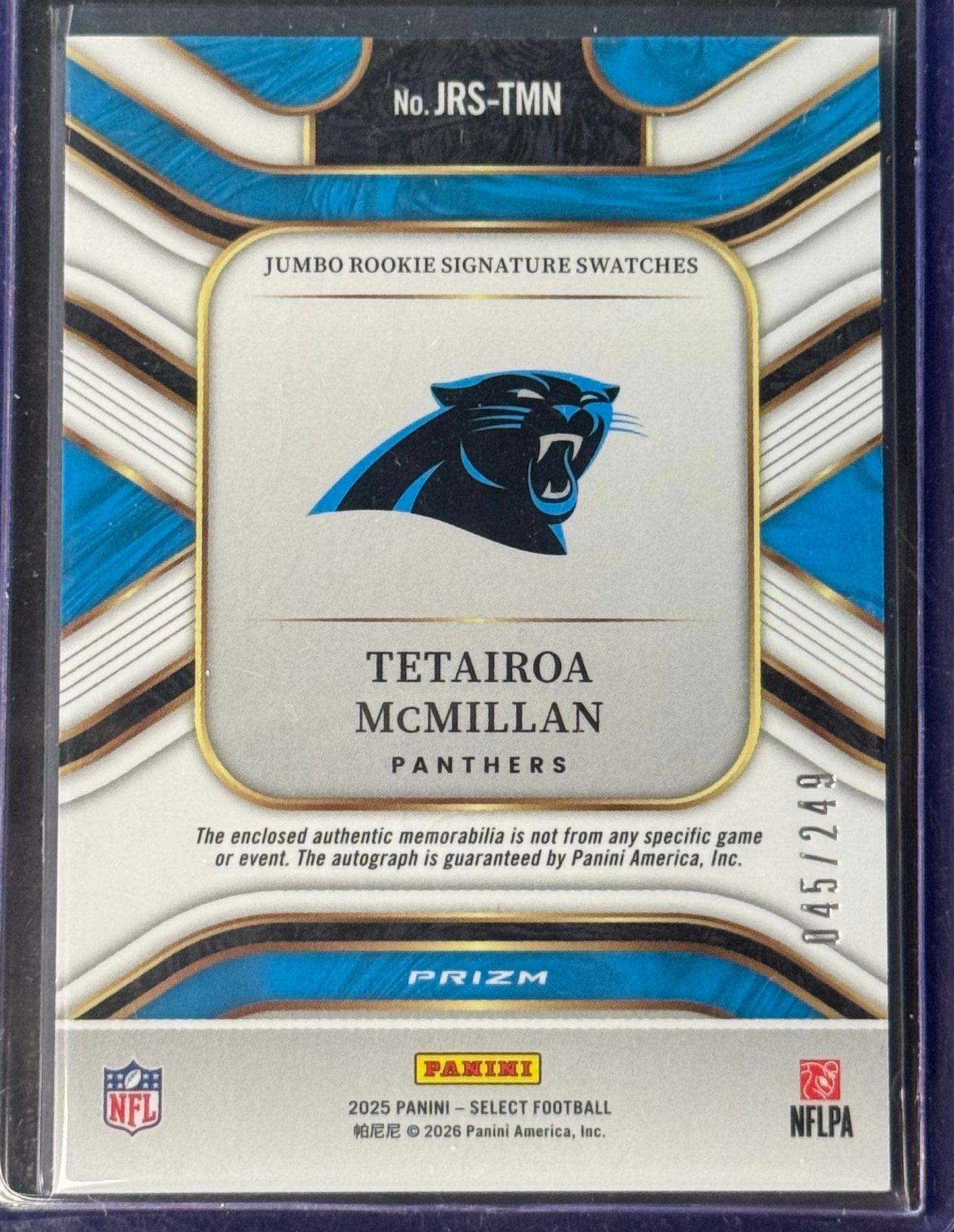 2025 Panini Select Jumbo RPA  Tetairoa McMillan /249 #JRS-TMN (RC)