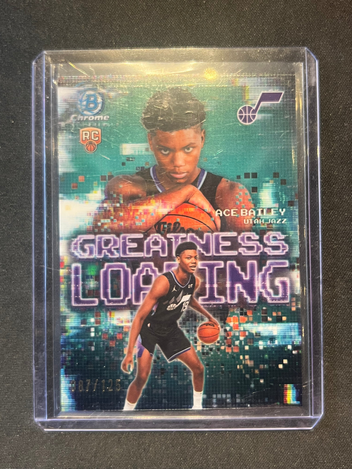 2025-26 Bowman Chrome Ace Bailey Greatness Loading Aqua Refractor RC /125 Jazz #GL-5