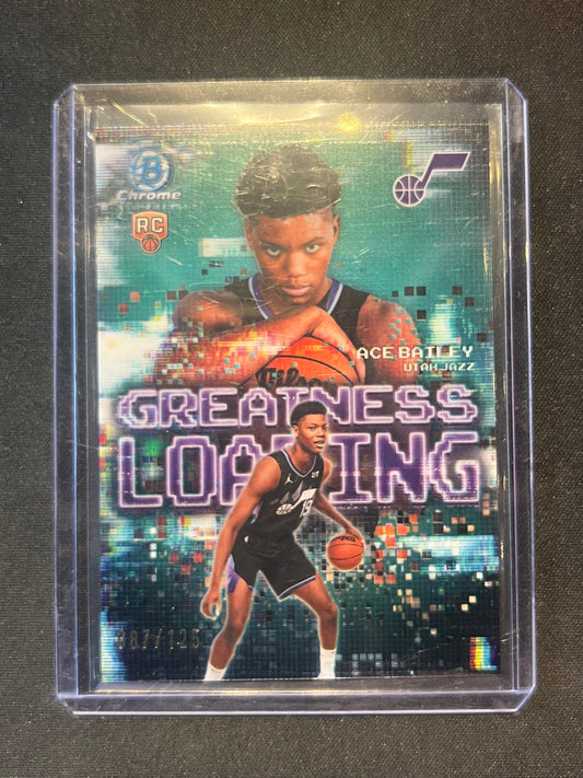2025-26 Bowman Chrome Ace Bailey Greatness Loading Aqua Refractor RC /125 Jazz #GL-5